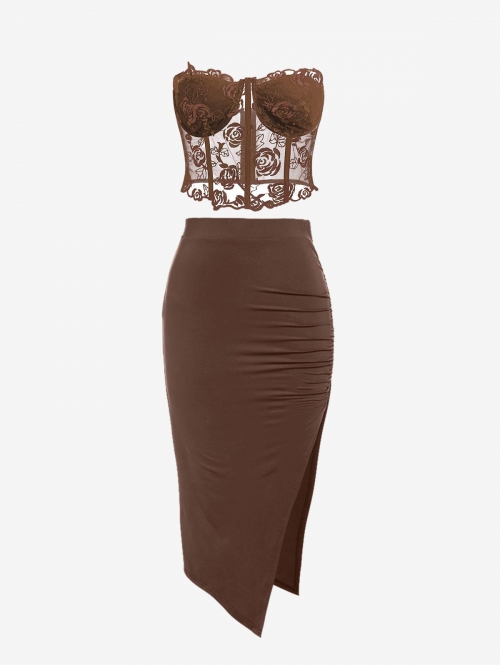 ZAFUL Date Night Out Strapless Sleeveless Lace Corset Top and Asymmetrical Slit Bodycon Slim Elastic Waist Spring Summer Midi Skirt Set Coffee