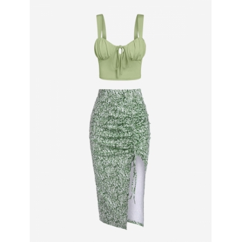 Women's Ruched Tied Bustier Cami Top And Floral Print Side High Split Self Tie Ruffled Skirt Set Two Piece Dress Light green