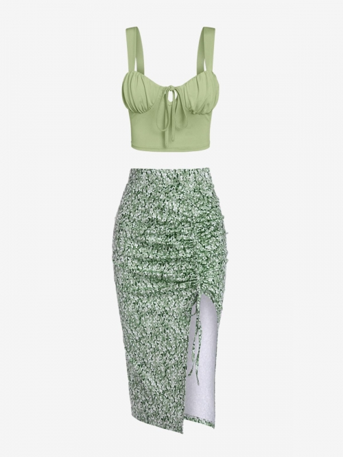 Women's Ruched Tied Bustier Cami Top And Floral Print Side High Split Self Tie Ruffled Skirt Set Two Piece Dress Light green