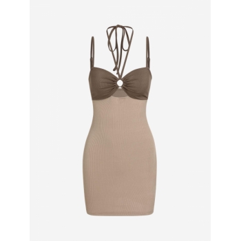 Mini Dress ZAFUL Halter Two Tone Ribbed O-ring Mini Dress L Coffee