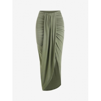 Draped Ruched Slinky Maxi Skirt L Green