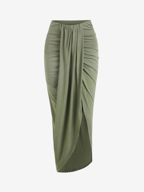 Draped Ruched Slinky Maxi Skirt L Green