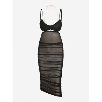 Mini Dress Mesh Overlay Ruched Cut Out Bodycon Dress L Black