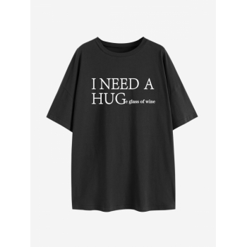 Fashion Women Tees I Need A Huge Glass of Wine Print Drop Shoulder T Shirt L Black