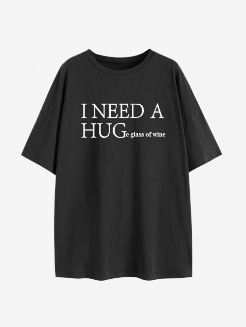 Fashion Women Tees I Need A Huge Glass of Wine Print Drop Shoulder T Shirt L Black