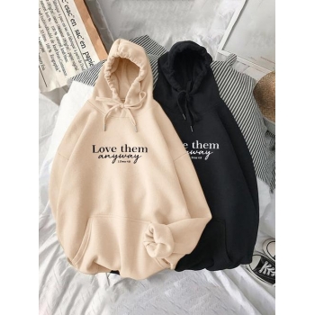 Women Hoodies Slogan Print Drop Shoulder Thermal Lined Hoodie S Light coffee