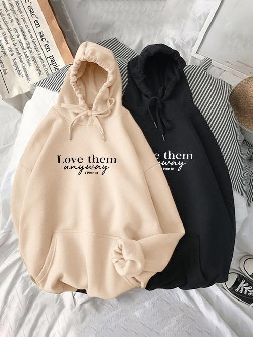 Women Hoodies Slogan Print Drop Shoulder Thermal Lined Hoodie S Light coffee