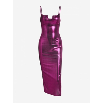 Mini Dress 90s Metallic Sparkly Side Slit Bodycon Bustier Vegas Dress L Purple