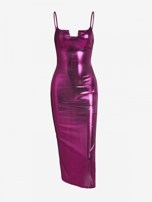 Mini Dress 90s Metallic Sparkly Side Slit Bodycon Bustier Vegas Dress L Purple