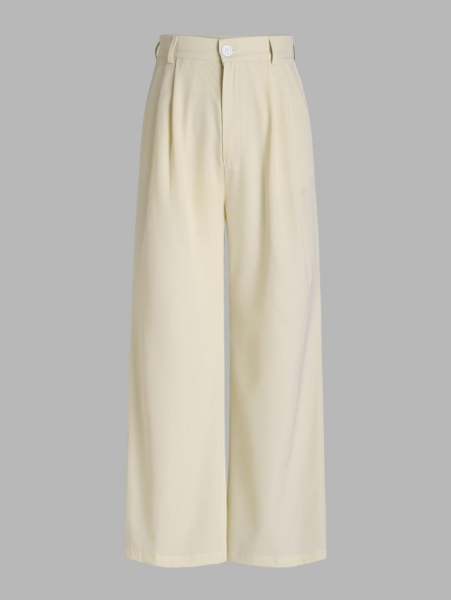 Pleated Slant Pockets Wide Leg Pants S Light coffee