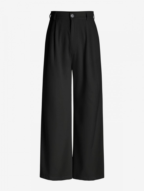 Pleated Slant Pockets Wide Leg Pants M Black