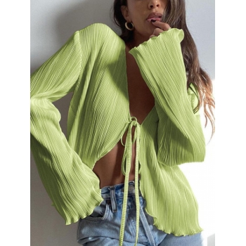 Women Blouses Plisse Pleated Tie Front Top M Green