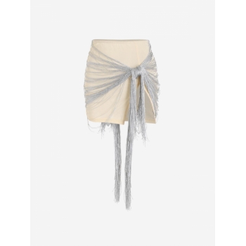 Fringed Slit Tied Mini Bodycon Skirt M Light coffee