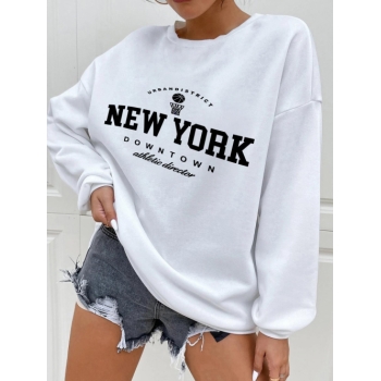 Women Hoodies Graphic New York Print Pullover Sweatshirt S White