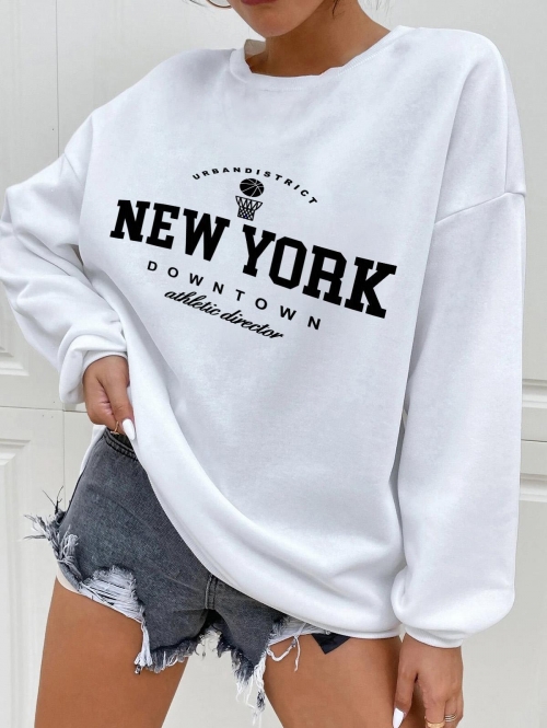 Women Hoodies Graphic New York Print Pullover Sweatshirt S White