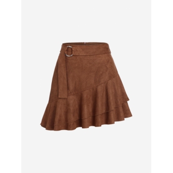 ZAFUL Faux Suede Belted Flounce Asymmetric Skirt S Deep coffee