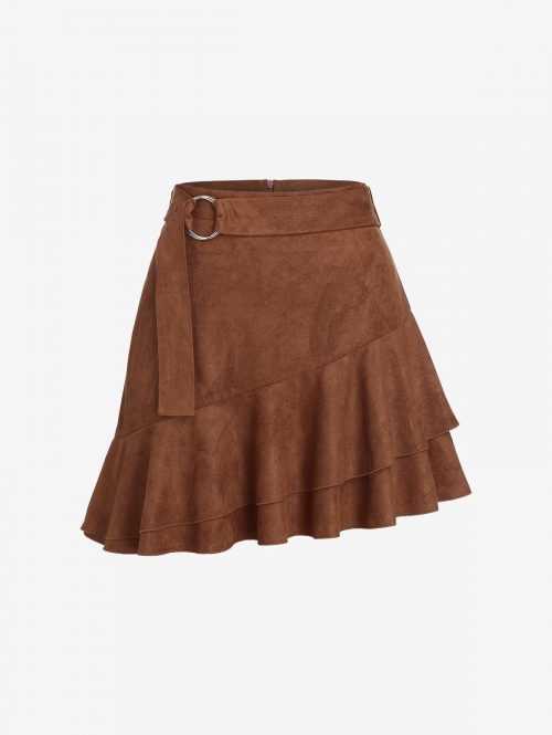 ZAFUL Faux Suede Belted Flounce Asymmetric Skirt S Deep coffee