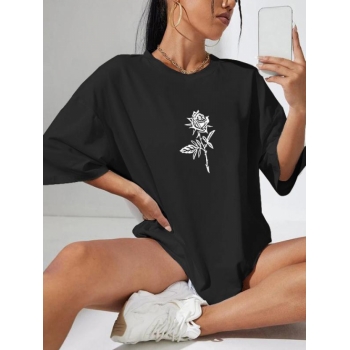 Fashion Women Tees Drop Shoulder Rose Print T Shirt L Black