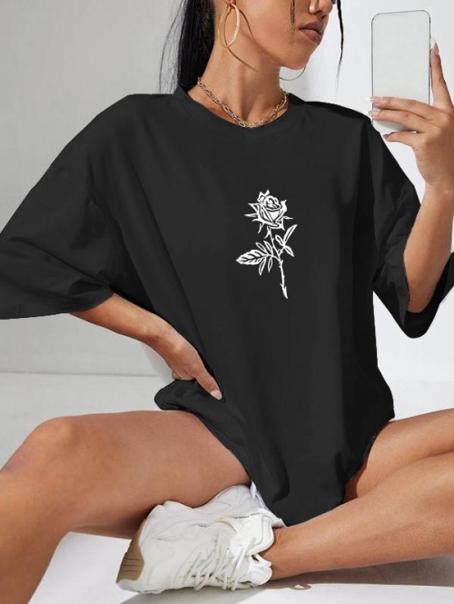 Fashion Women Tees Drop Shoulder Rose Print T Shirt L Black