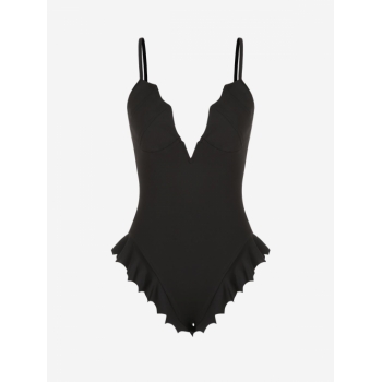 Women Bodysuits Solid Color Ruffle Hem Bodysuit L Black