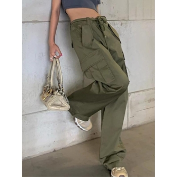 Pockets Drawstring Straight Cargo Parachute Pants Xs Green