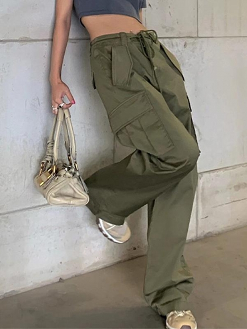 Pockets Drawstring Straight Cargo Parachute Pants Xs Green