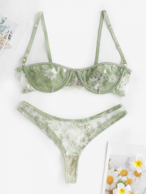 Floral Embroidered Sheer Mesh Sexy Underwire See through None Pads Three Quarters Unlined Lingerie Set with Adjusted-straps L Green