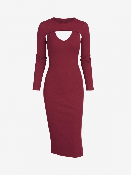 Mini Dress Slit Midi Dress with Shrug Top S Deep red