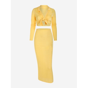 Women Two-Piece Tie Front Jersey Cropped Top and Skirt Set L Yellow