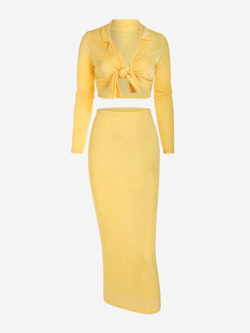 Women Two-Piece Tie Front Jersey Cropped Top and Skirt Set L Yellow