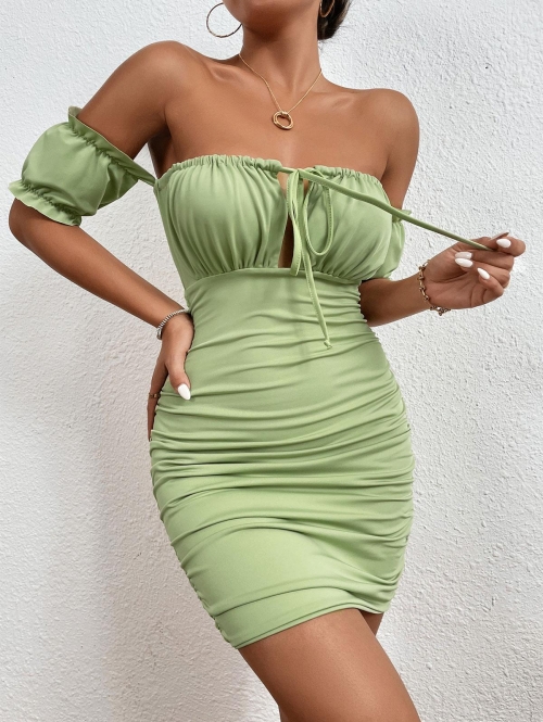 Mini Dress Solid Color Off The Shoulder Cinched Dress L Green