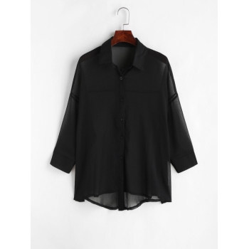 Women Beach Button Up Drop Shoulder Cover Up Black