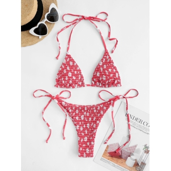 ZAFUL Ditsy Print Smocked String Bikini Swimwear L Red