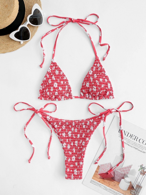 ZAFUL Ditsy Print Smocked String Bikini Swimwear L Red