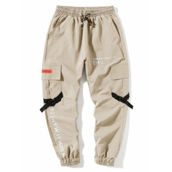 ZAFUL Men's Letter Print Flap Pockets Cargo Jogger Techwear Pants L Apricot