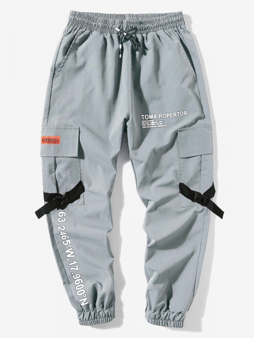 ZAFUL Men's Letter Print Flap Pockets Cargo Jogger Techwear Pants S Light gray