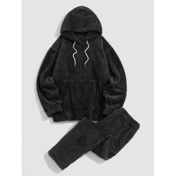 ZAFUL Men's Solid Front Pocket Fluffy Fleece Hoodie And Pants Two Piece Set 2xl Black