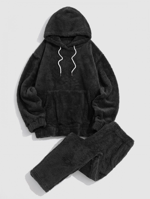 ZAFUL Men's Solid Front Pocket Fluffy Fleece Hoodie And Pants Two Piece Set 2xl Black