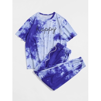 ZAFUL Men's Tie Dye Happy Print Tee And Pants Set L Blue