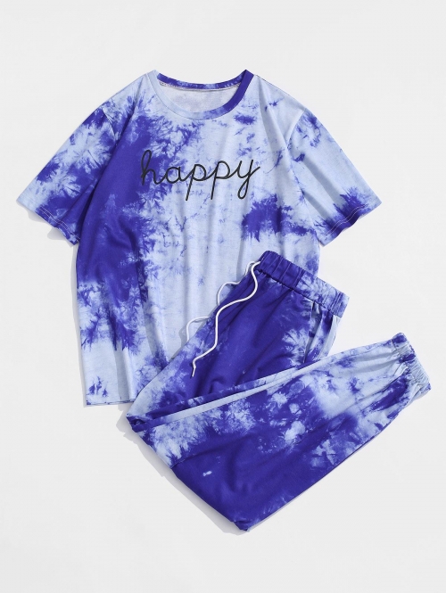 ZAFUL Men's Tie Dye Happy Print Tee And Pants Set L Blue