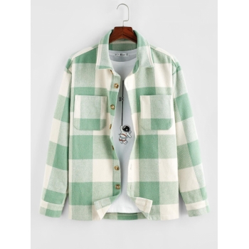 ZAFUL Men's Plaid Pattern Double Pockets Wool Blend Shacket M Light green