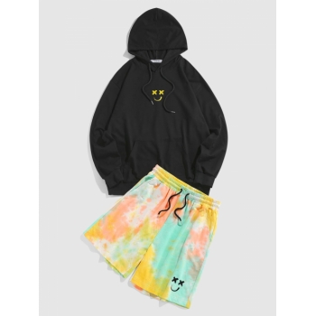 ZAFUL Men's ZAFUL Cartoon Face Embroidered Hoodie and Tie Dye Print Shorts Set M Black