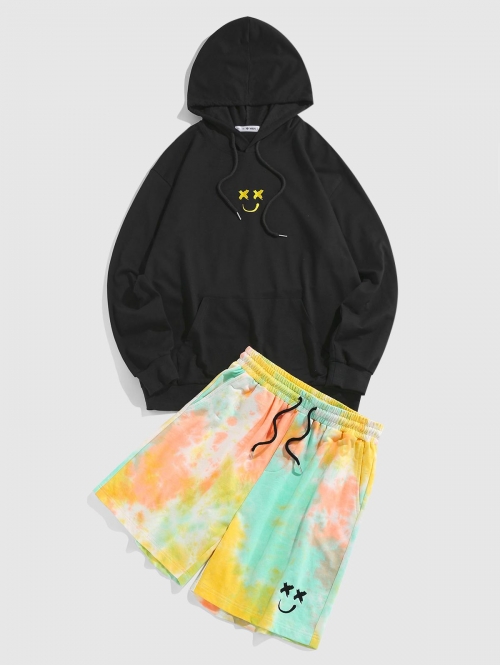 ZAFUL Men's ZAFUL Cartoon Face Embroidered Hoodie and Tie Dye Print Shorts Set M Black