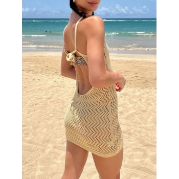 Crochet Openwork Backless Boho Mini Beach Dress S Light coffee