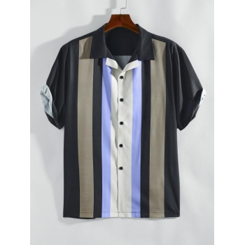 ZAFUL Men's ZAFUL Vertical Striped Short Sleeves Colorblock Shirt M Black