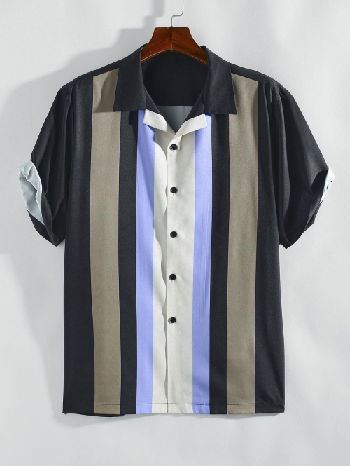 ZAFUL Men's ZAFUL Vertical Striped Short Sleeves Colorblock Shirt M Black