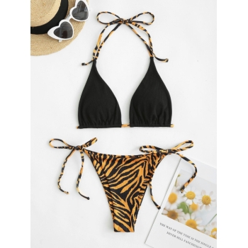 ZAFUL Tie Side Ribbed Animal Print String Bikini Swimwear L Black