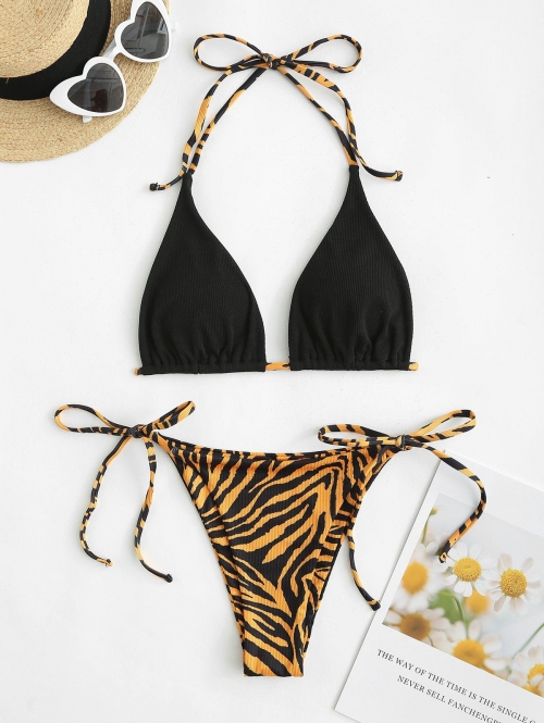 ZAFUL Tie Side Ribbed Animal Print String Bikini Swimwear L Black