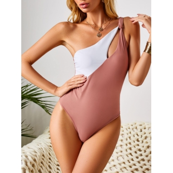 ZAFUL Colorblock One Shoulder Strap Twist One-Piece Swimsuit L Light pink