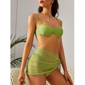 Women Three-Pieces ZAFUL Mesh Sarong Underwire Three Piece Cheeky Bikini Swimwear L Light green